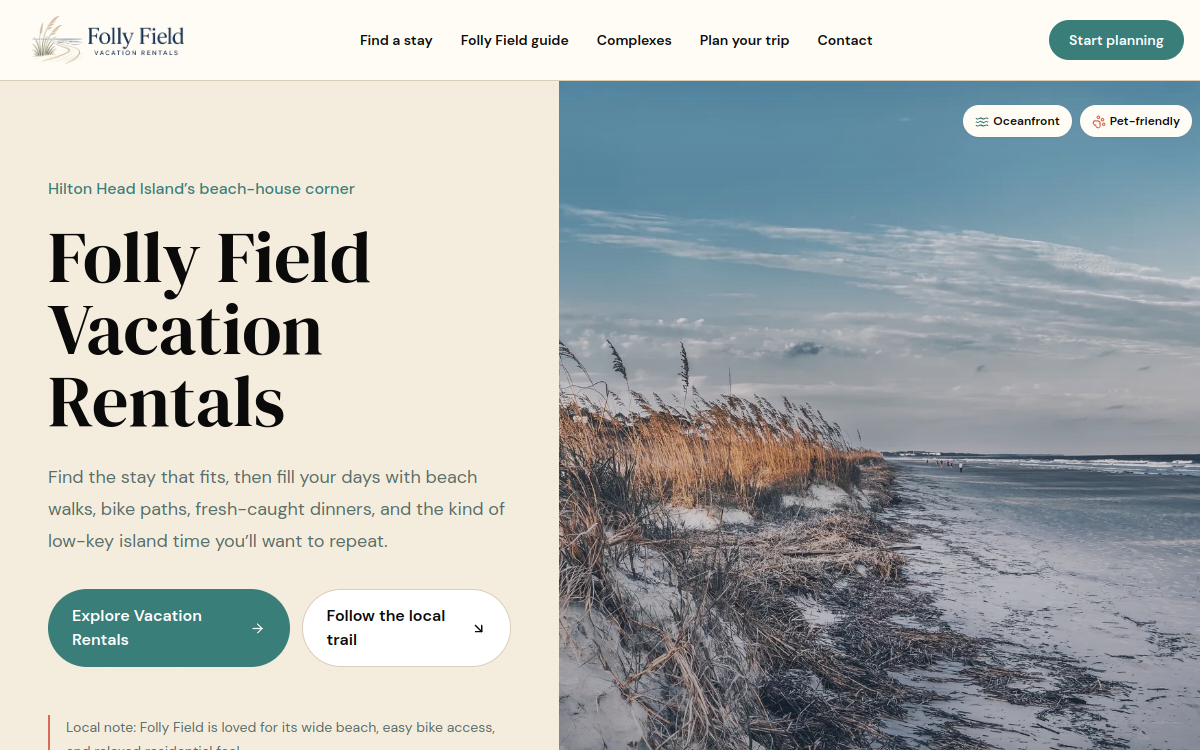 Folly Field Vacation Rentals website preview